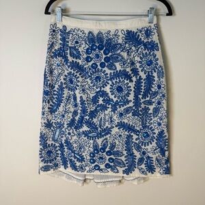 Anthropologie Moulinette Soeurs Blue White Embroidered Sequin Pencil Skirt NWT